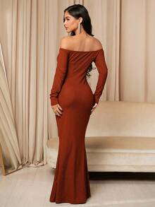 SHEIN Maternity Off Shoulder Long Sleeve Bodycon Dress - Rust Brown - View 2