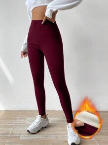 SHEIN Unity High Waisted Thick Lined Leggings For Warmth - Burgundy - View 4