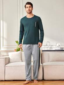 Provexi Provexi Men's Color Block Top & Pants Lounge Wear Set - Olive Green - View 4