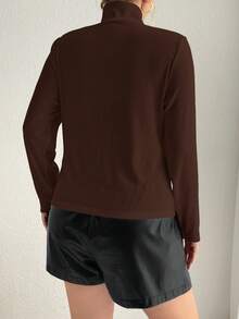 SHEIN Essnce 女裝加大號長袖立領t恤 - 咖啡棕 - 查看 2