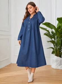 SHEIN LUNE V領修身大碼牛仔裙 - 深色水洗藍 - 查看 1