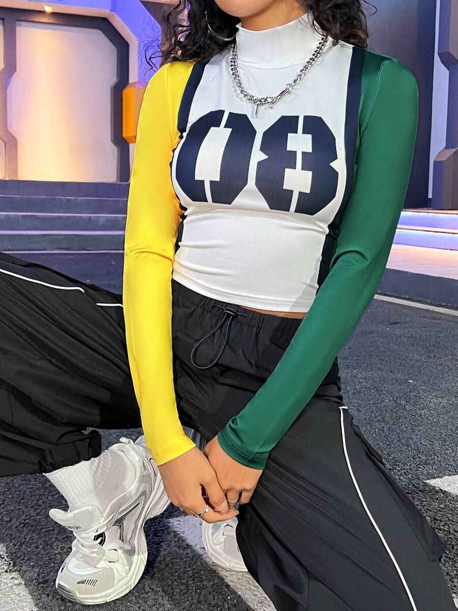 SHEIN EZwear Của phụ nữ Thon gọn Cổ cao Áo thun Với Khối màu Số In - trắng - Xem 1