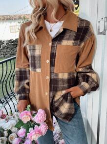 SHEIN Essnce Của phụ nữ Kẻ sọc Vá lại Thả vai Tay áo dài Áo khoác - Màu Khaki - Xem 3