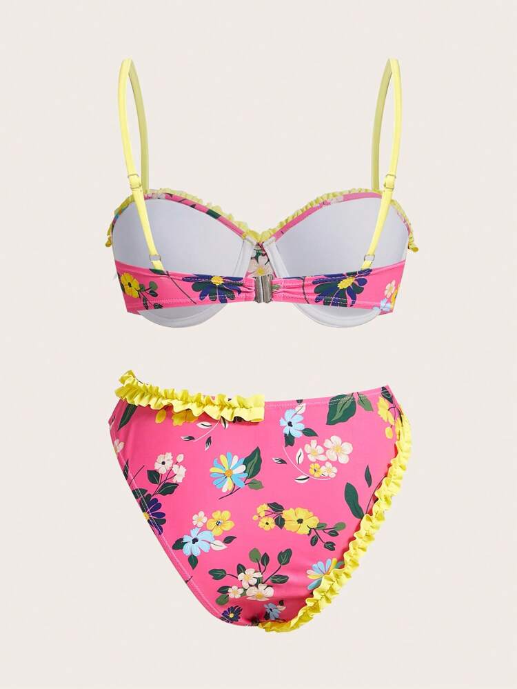 Women's Swimwear Set With Frill Trim & Flower Print Design Summer