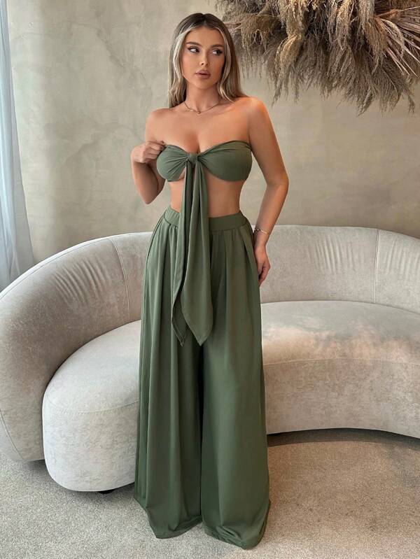 SHEIN SXY Plajă; Top și pantaloni fără bretele pentru femei, cu nod în față, set de două piese  Primăvara vară haine pentru femei Petrecere burlacita vacanță de primăvară ținute de zi de naștere ținute sexy pentru ziua îndrăgostiților