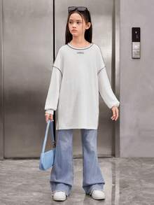 SHEIN Tween女孩寬鬆復古撞色拼接梭織裝飾圓領長袖t卹 - 白色 - 查看 6