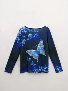 女士蝴蝶印花長袖t恤 - 藍色 - 查看 2