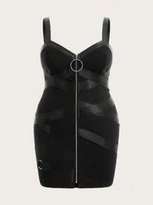 SHEIN ICON Plus Size Women's Zipper Circular Ring Design Bandage Cami Dress - Black - View 1