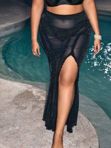 SHEIN Swim Chicsea 夏季加大码单件高开叉亮片网纱罩衫裙 - 黑色 - 查看 4