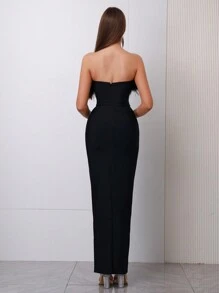 Modphy 仿羽毛性感露肩露背紧身超长绷带连衣裙，优雅女士正式晚礼服，适合婚礼宾客、伴娘、派对活动婚礼宾客礼服