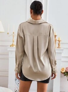 SHEIN Privé Women's Silk Satin Long Sleeve Shirt - Beige - View 2