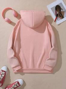 Plus Size Women's Fashion Kangaroo Pocket Letter Print Sweatshirt - Pink - View 2