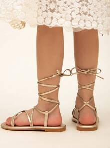 Girls Metallic Tie Leg Design Strappy Sandals - Gold - View 5