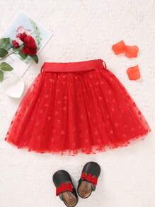 SHEIN Glamorique Kids Cô Gái Trẻ Tuyệt đẹp Eo đàn hồi Lưới Váy Với Chi tiết trái tim Và Thắt lưng Cho mùa hè - Đỏ - Xem 2
