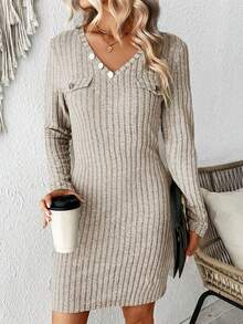 SHEIN LUNE 女式纯色 V 领罗纹紧身连衣裙 - 杏色 - 查看 6