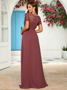 Lace Panel Chiffon Bridesmaid Dress - Redwood - View 2