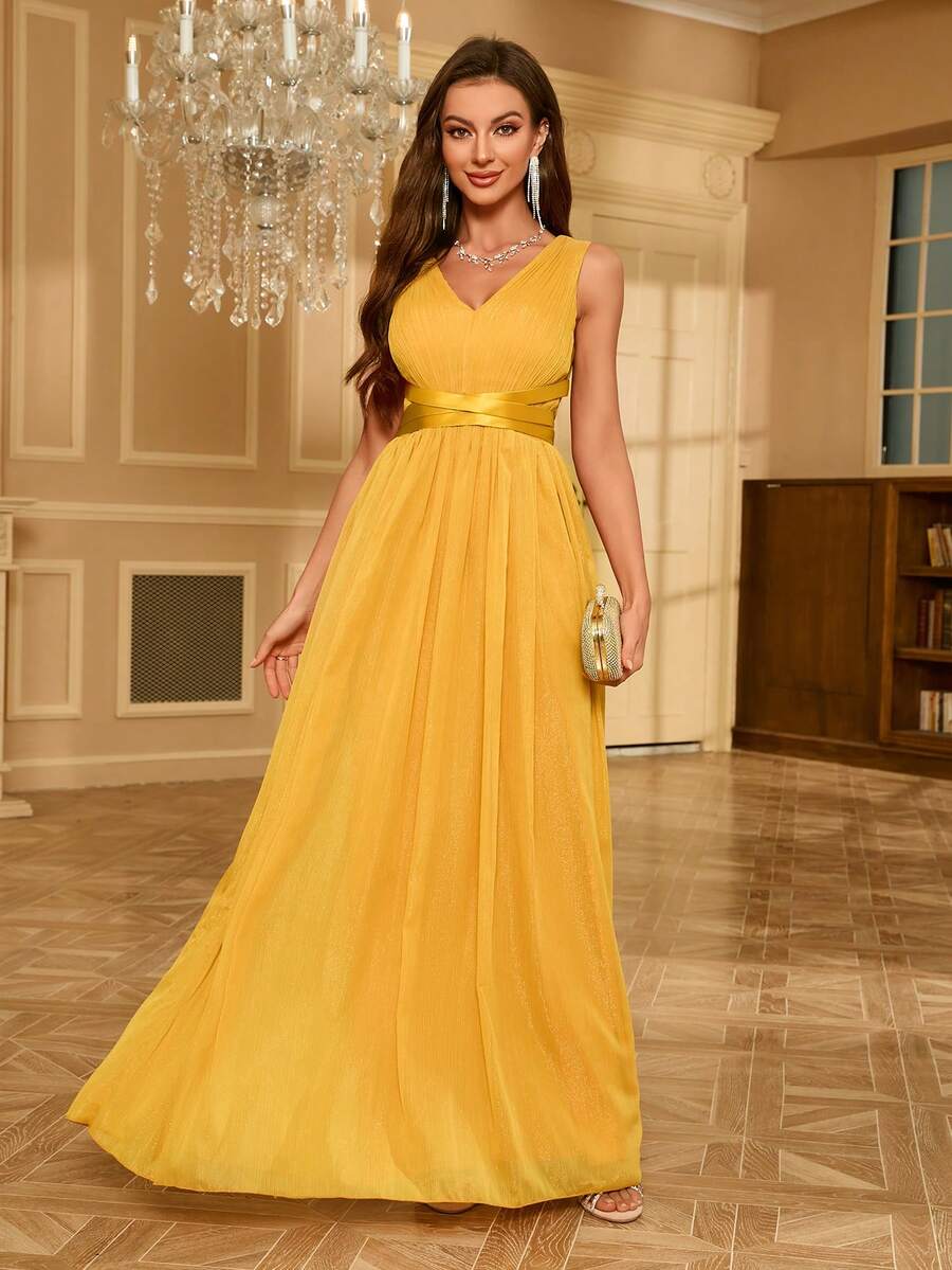 Cổ chữ V Không tay Ăn mặc trang trọng - Màu vàng - Xem 1