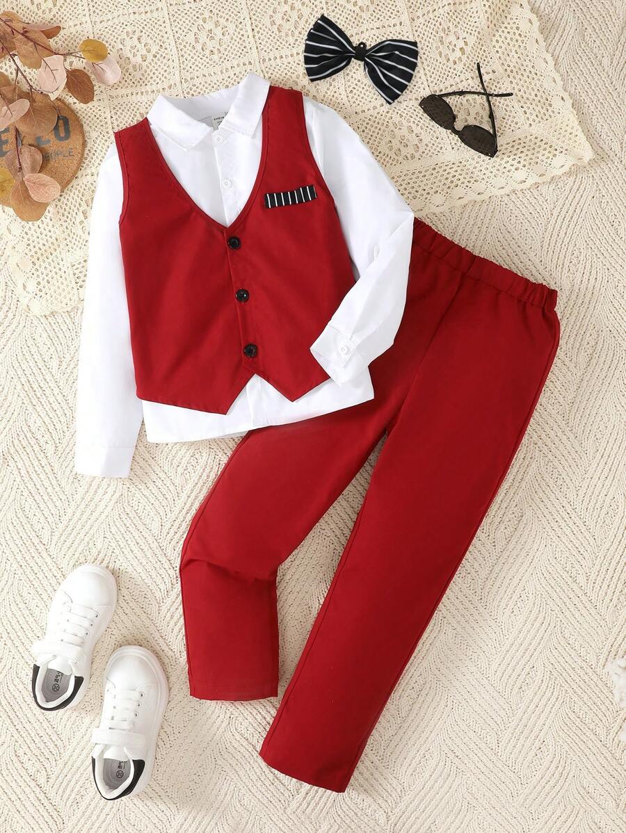 两件套青少年男孩绅士正装背心和裤子套装 - 酒紅色 - 查看 1