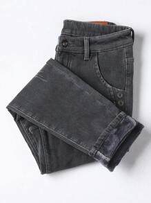 男士加厚牛仔褲 - 深灰色 - 查看 4