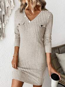 SHEIN LUNE 女式纯色 V 领罗纹紧身连衣裙 - 杏色 - 查看 3