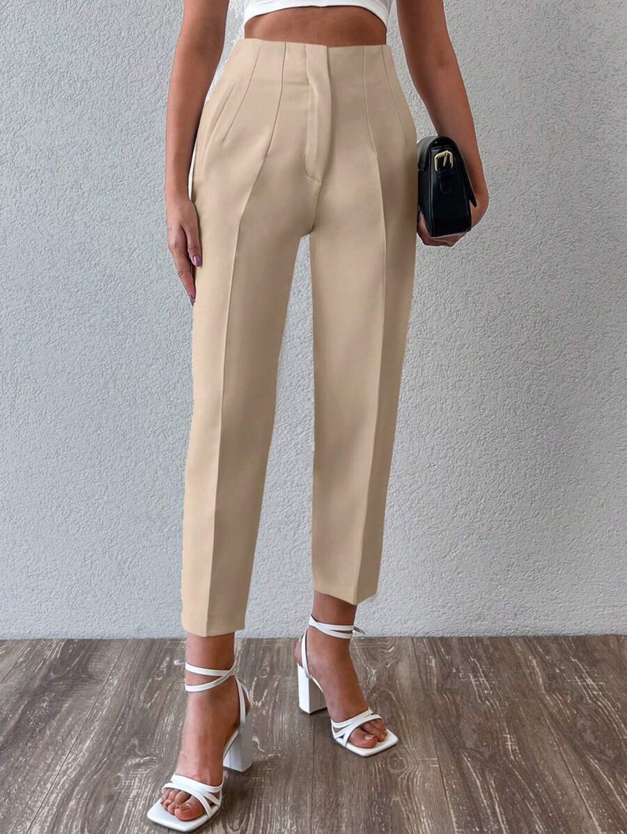 SHEIN 純色高腰西裝褲 - 米色 - 查看 1