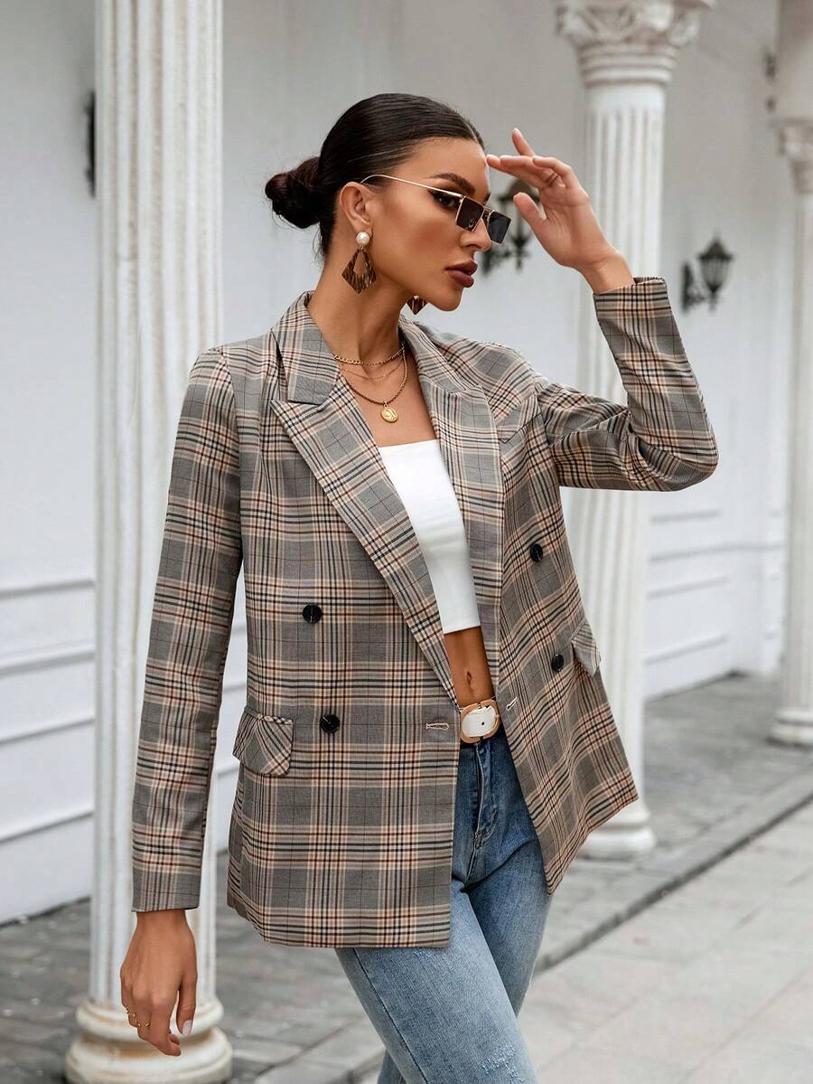 SHEIN Clasi Chaquetón De Manga Larga Con Patrón De Cuadros Y Cuello De Solapa - Caqui - Ver 1