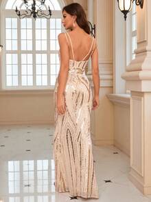 Split Thigh Sequin Prom Dress - Champagne - View 2