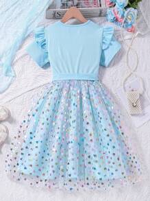 Explorewe Tween 女童荷葉邊心形網紗罩層繫腰帶連身裙 - 藍色 - 查看 2