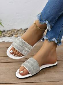 Sandalias Planas De Punta Redonda Blancas Elegantes Para Mujer Con Adornos De Pedrería Y Diseño De Deslizamiento - Blanco - Ver 5
