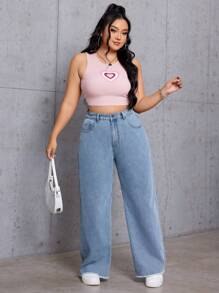 SHEIN EZwear Plus Size Ladies' Straight-Cut Jeans - Light Wash - View 5