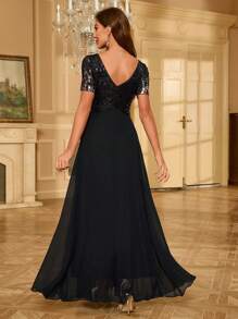 UNITHORSE Váy dạ hội trang trọng bằng vải chiffon đính sequin lấp lánh màu đen thanh lịch cho tiệc cưới, dự tiệc tốt nghiệp, tiệc tối - màu đen - Xem 2