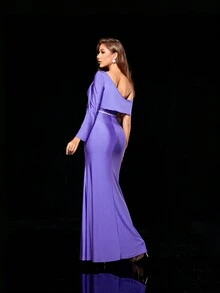 Vestido de punto con escote de un hombro, manga larga abullonada y dobladillo con diseño de cola de sirena arrugado - Morado - Ver 2