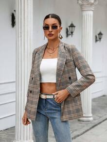 SHEIN Clasi Chaquetón De Manga Larga Con Patrón De Cuadros Y Cuello De Solapa - Caqui - Ver 5