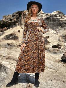 Bohemian Printed Long Sleeve Dress With V-Neckline For Fall/Winter - Multicolor - View 5
