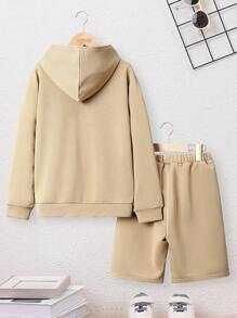 SHEIN Con trai Giải trí Thêu Chữ Áo nỉ có mũ Và Bộ quần short - Lạc đà - Xem 2