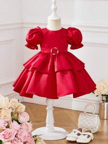 SHEIN Bebis Flicka Elegant Röd Satin Kort Ärm Klänningar - Röd - Visa 7