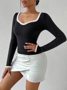 SHEIN ChicEase 秋冬季撞色针织毛衣，心形领 - 黑色 - 查看 5