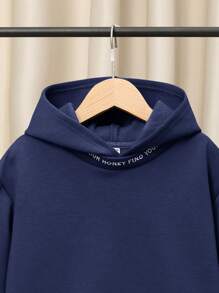 SHEIN Áo nỉ trùm đầu dáng rộng thoải mái cho bé trai tuổi mới lớn thêu chữ và lót nhiệt - Màu xanh hải quân - Xem 3