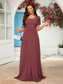 Lace Panel Chiffon Bridesmaid Dress - Redwood - View 5