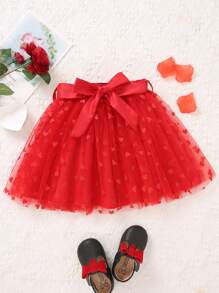 SHEIN Glamorique Kids Cô Gái Trẻ Tuyệt đẹp Eo đàn hồi Lưới Váy Với Chi tiết trái tim Và Thắt lưng Cho mùa hè - Đỏ - Xem 1