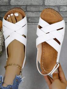 Sandalias De Suela Gruesa Con Tacón De Cuña Blanco Para Mujer, Zapatos De Plataforma Con Tiras Cruzadas Para El Verano - Blanco - Ver 2