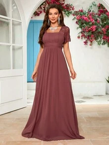 Lace Panel Chiffon Bridesmaid Dress - Redwood - View 3