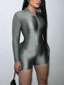 Fashionable Zip-Up Stand Collar Long Sleeve Romper Unitard, Spring/Summer - Grey - View 3