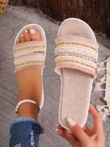 2024 新款春夏波西米亚风编织 Eva 防滑平底沙滩凉鞋，适合室内/室外穿着 - 米色 - 查看 2