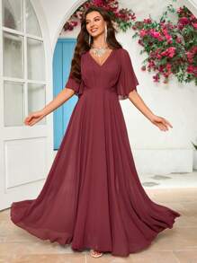 V-Neck Solid Color Pleated Design Elegant Chiffon Bridesmaid Dress - Redwood - View 1