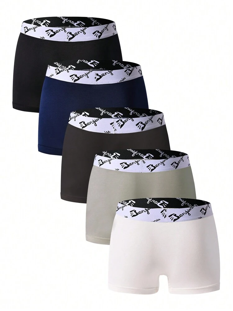 Men's Letter Patterned Stretch Band Boxer Briefs , 5 Pcs