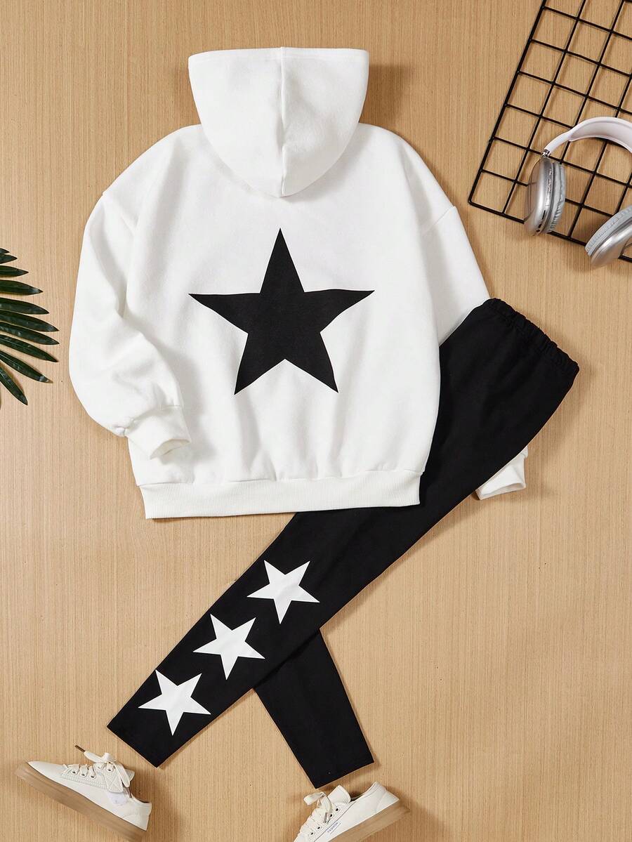 SHEIN Set áo hoodie và quần legging họa tiết ngôi sao cho bé gái Tween - Đen và trắng - Xem 1