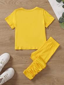 SHEIN Conjunto de 2 piezas para joven chica con camiseta de manga corta en color sólido y leggings plisados