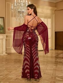 SHEIN LUNE Women's Elegant Slim-Fit Spaghetti Strap Sequined Party Dress - Burgundy - View 2