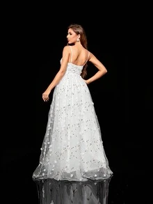 Asymmetrical Pleated Three-Dimensional Embroidered Long Dress With Suspenders - White - View 2